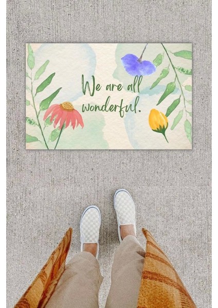 Dijital Baskı Dekoratif 'lü Çiçek Mavi Kapı Önü Paspası K-1225