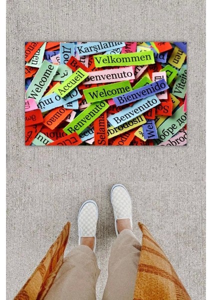 Dijital Baskı Dekoratif Welcome Çok Renkli Kapı Önü Paspası K-1245