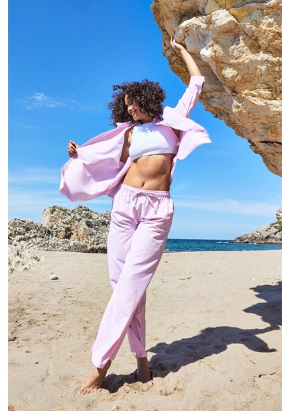 Pembe Düşük Bel Lastikli Geniş Kesim Çizgili Pantolon 27280