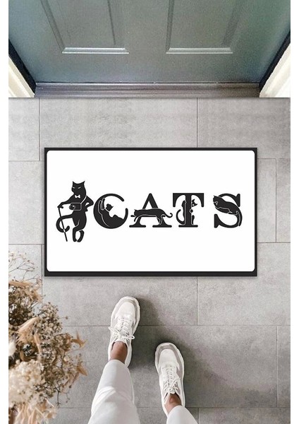 Dijital Baskı Beyaz Kedilerle Bezenmiş Cats Yazılı Dekoratif Kapı Paspası K-2028