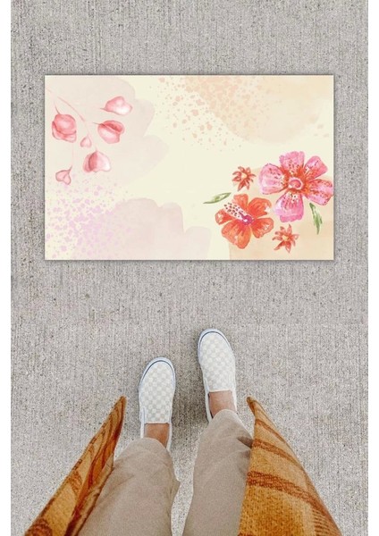 Dijital Baskı Dekoratif 'li Çiçek Pembe Kapı Önü Paspası K-1223