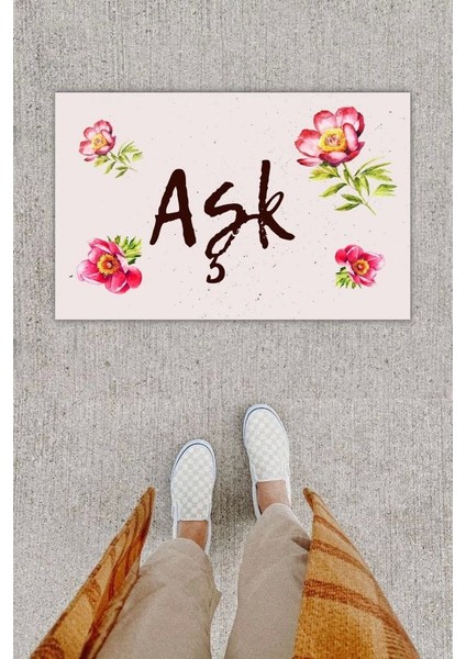 Dijital Baskı Dekoratif Çiçek Krem Kapı Önü Paspası K-1206