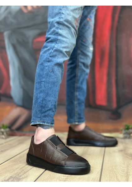 BA0347 Içi Dışı Deri Çift Bantlı Kahverengi Casual Erkek Ayakkabı