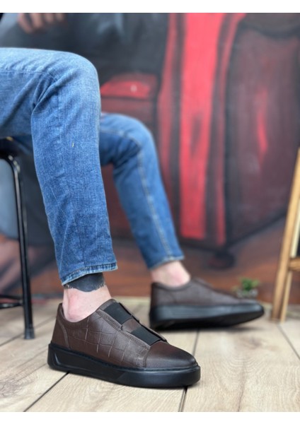 BA0347 Içi Dışı Deri Çift Bantlı Kahverengi Casual Erkek Ayakkabı
