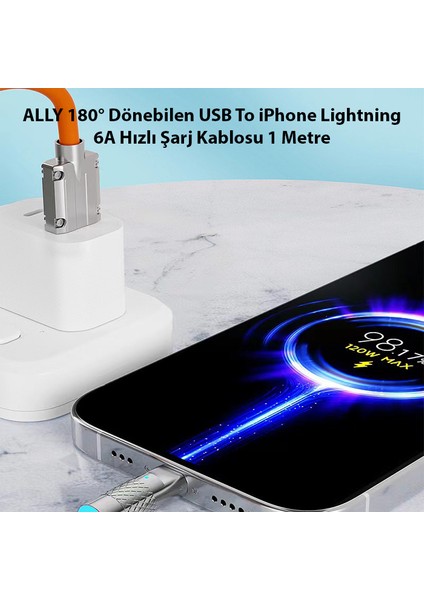 6A 120W 180° Dönebilen USB To iPhone Lightning Hızlı Şarj Kablosu Silikon Kablo 1 Metre