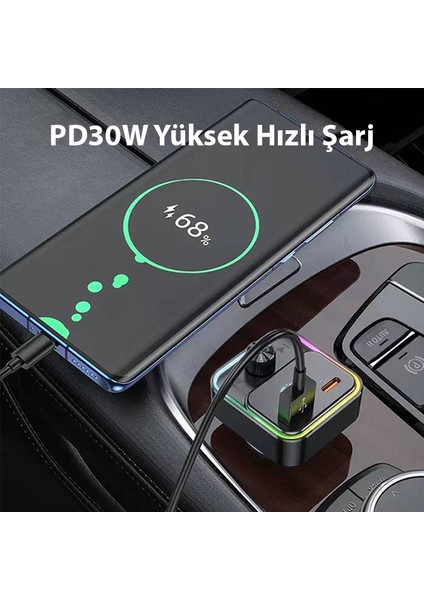 Dijital Göstergeli Kablosuz Araç Içi Fm Transmitter + USB-PD30W Hızlı Şarj Aleti