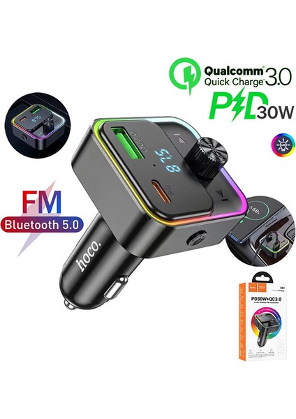 Dijital Göstergeli Kablosuz Araç Içi Fm Transmitter + USB-PD30W Hızlı Şarj Aleti