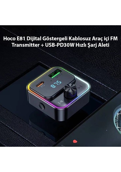 Dijital Göstergeli Kablosuz Araç Içi Fm Transmitter + USB-PD30W Hızlı Şarj Aleti