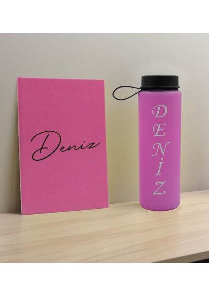 Kişiye Özel Isimli Pembe Defter ve Cam Matara Hediye Seti-1, Sevgiliye Hediye, Arkadaşa Hediye, Yeni Iş Hediyesi