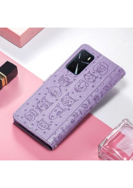 Oppo A16 Flip Kapak Için Kılıf Karikatür Hayvanlar Darbeye Kısa Kayış Kılıf (Yurt Dışından)
