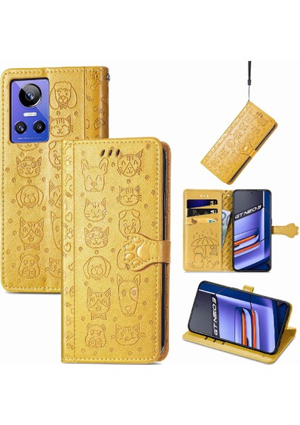 Realme Gt Neo 3 Darbeye Karikatür Hayvanlar Için Kılıf Deri Kılıf Flip (Yurt Dışından)