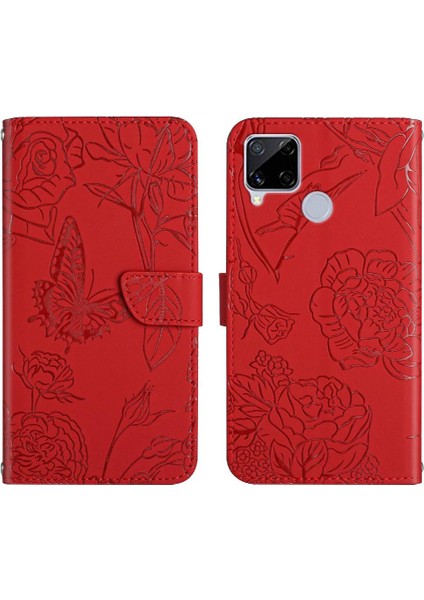 Realme C15/C12 Darbeye Deri Kılıf Çiçekler ve Kelebekler Pu Için Kılıf (Yurt Dışından)