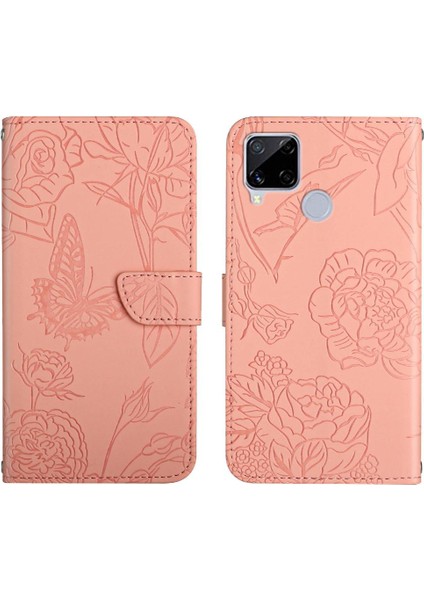 Realme C15/C12 Darbeye Deri Kılıf Çiçekler ve Kelebekler Pu Için Kılıf (Yurt Dışından)