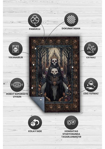 Korku Temalı Halı Kurukafa Figürlü Salon Halı Koyu Renk Halı Gotik Korku Sanatı Halısı