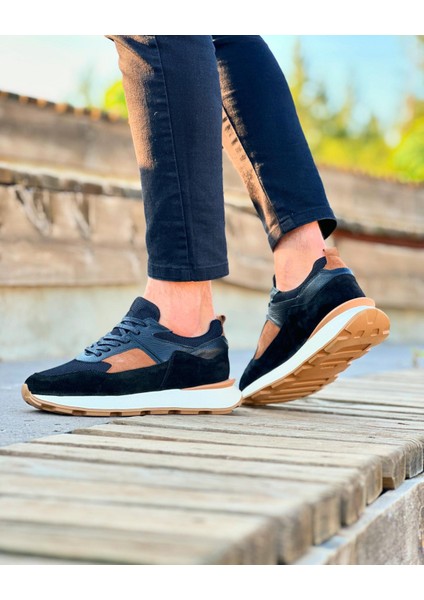 4923 Deri Siyah Süet Garnili Erkek Sneaker Ayakkabı
