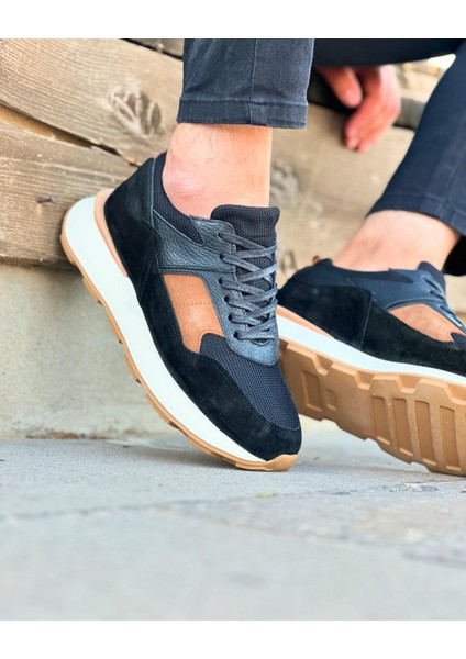 4923 Deri Siyah Süet Garnili Erkek Sneaker Ayakkabı