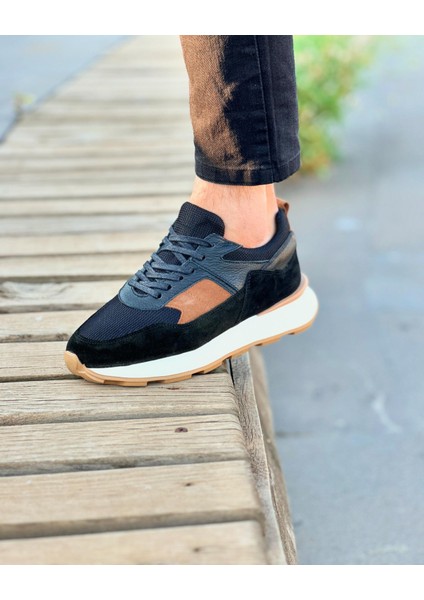 4923 Deri Siyah Süet Garnili Erkek Sneaker Ayakkabı