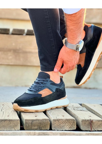 4923 Deri Siyah Süet Garnili Erkek Sneaker Ayakkabı