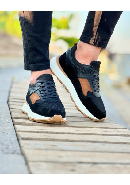 4923 Deri Siyah Süet Garnili Erkek Sneaker Ayakkabı