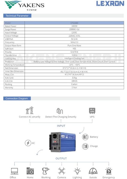 1000 Watt 12V Ups (Şebeke Şarjlı) Tamsinüs Inverter Lexron