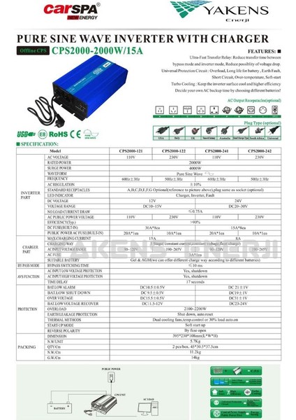 2000 Watt 12V Ups (Şebeke Şarjlı) Tamsinüs Inverter Carspa