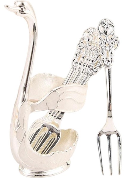 Creative Metal Dekoratif Swan Base Tutucu W/ 6 Kahve Dondurma Çatal Argent Beyaz (Yurt Dışından)