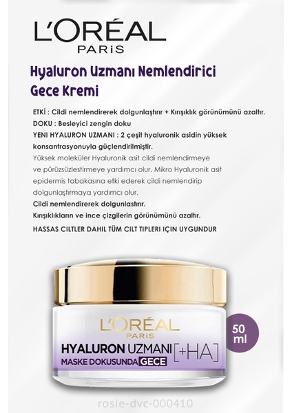 L'Oréal Paris 3 Adet Loreal Paris Hyaluron Uzmanı Nemlendirici Krem Gece 50 ml ve Rosıe