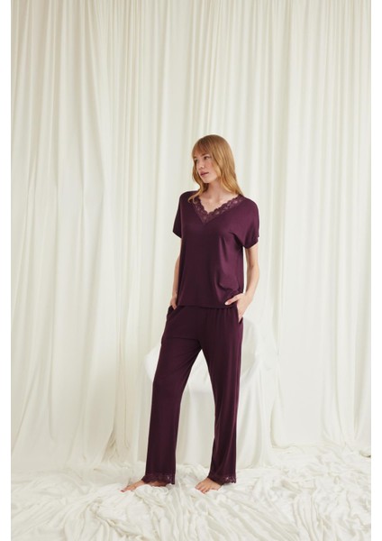 Kadın Kısa Kollu V Yakalı Dantelli Pijama Takımı 18586 fiyatları