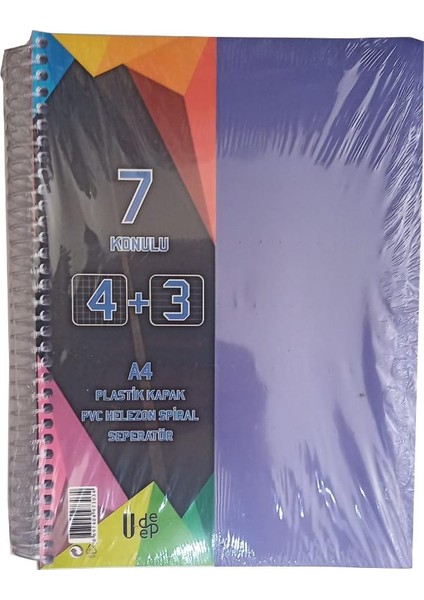 4+3 Ayraçlı Defter 7 Konulu 175 Yaprak 1 Adet 4 Kareli 3 Çizgili Spralli Plastik Kapak Seperatörlü