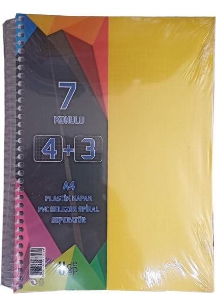 4+3 Ayraçlı Defter 7 Konulu 175 Yaprak 1 Adet 4 Kareli 3 Çizgili Spralli Plastik Kapak Seperatörlü