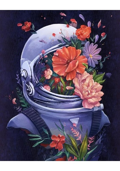 Canvas Astronotun Çiçekleri Sayılarla Boyama Seti Kasnaklı 40 x 50 cm