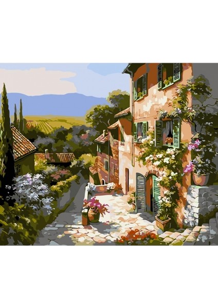 Canvas Taş Sokaklı Kasaba Sayılarla Boyama Seti Kasnaklı 40 x 50 cm