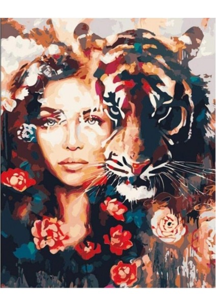 Canvas Kadın ve Kaplan Sevgisi Sayılarla Boyama Seti Kasnaklı 40 x 50 cm
