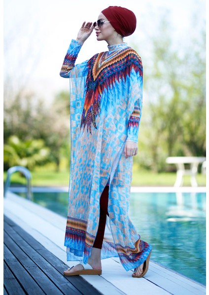 Tesettür Mayo Üzerine Desenli Kaftan Pareo Afrika