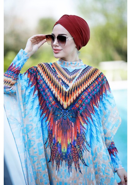 Tesettür Mayo Üzerine Desenli Kaftan Pareo Afrika