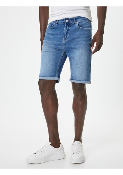 Slim Fit Kot Şort Bermuda Düğmeli Cep Detaylı