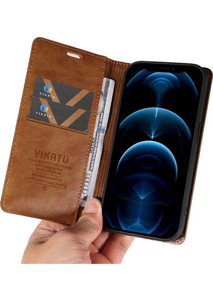 iPhone 12 Pro Max Deri Manyetik Kapaklı Telefon Cüzdan Kapağı (Yurt Dışından)