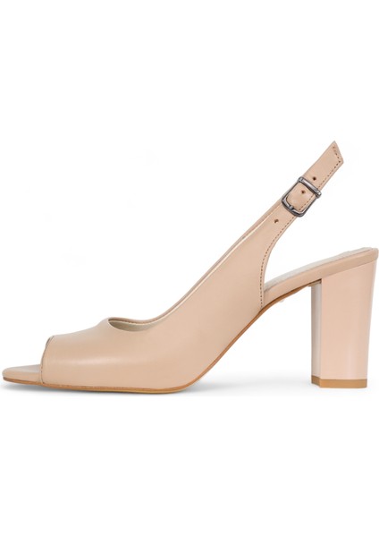 Hakiki Deri Topuklu Sandalet Nude Pudra Pembe - 7,5 Cm Kalın Topuk Yuvarlak Burun - El İşçiliği Premium Yumuşak Deri GRS051-PM