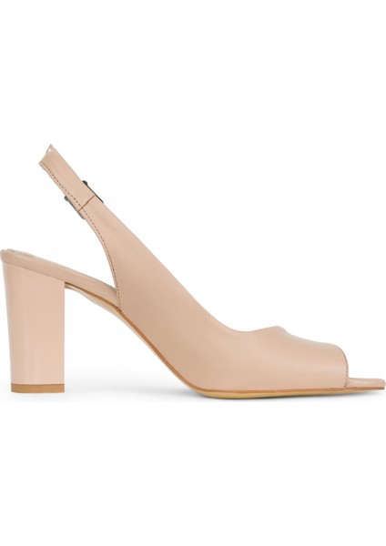 Hakiki Deri Topuklu Sandalet Nude Pudra Pembe - 7,5 Cm Kalın Topuk Yuvarlak Burun - El İşçiliği Premium Yumuşak Deri GRS051-PM