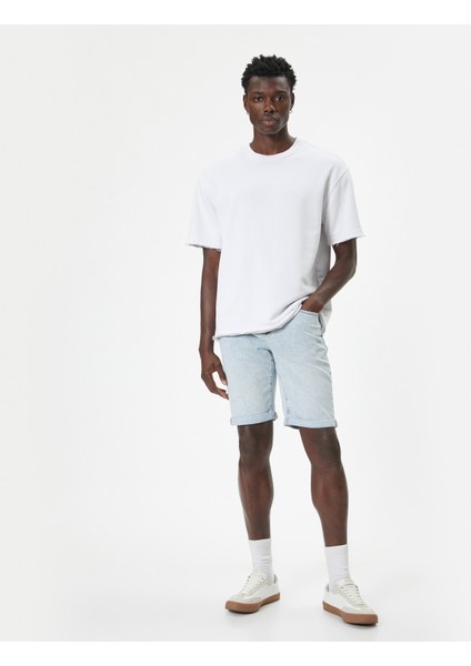 Slim Fit Kot Şort Bermuda Düğmeli Cep Detaylı