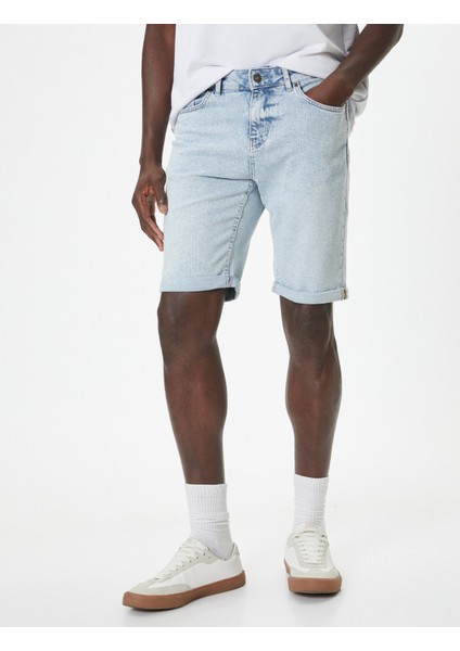 Slim Fit Kot Şort Bermuda Düğmeli Cep Detaylı