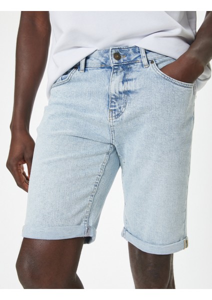 Slim Fit Kot Şort Bermuda Düğmeli Cep Detaylı