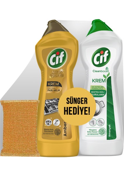 Krem Altın Işıltısı Amber Kokulu 750 ml + Cif Krem Amonyak Yağ Kireç Sökücü 750 ml + Sünger Hediye