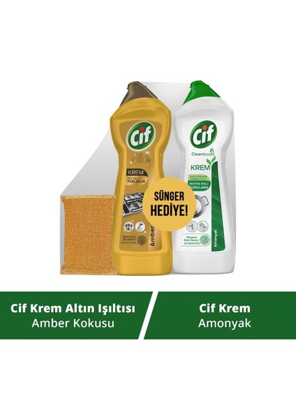 Krem Altın Işıltısı Amber Kokulu 750 ml + Cif Krem Amonyak Yağ Kireç Sökücü 750 ml + Sünger Hediye modelleri