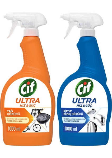 Ultra Hız Güç Yağ Çözücü Sprey Leke ve Kir Çıkarıcı 1000 ml + 
Cif Kireç Sökücü Sprey 1000 ml