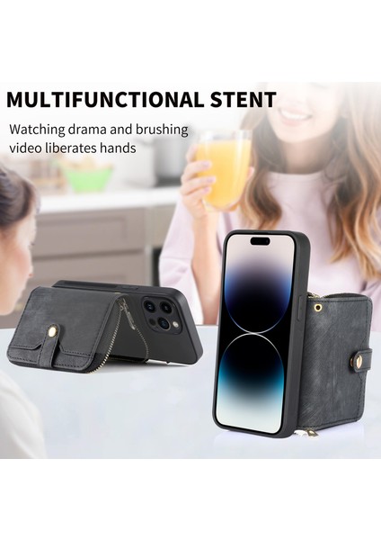 iPhone 14 Pro Fermuarlı Cebi Deri+Tpu+Pc Crossbody Telefon Kılıfı (Yurt Dışından)