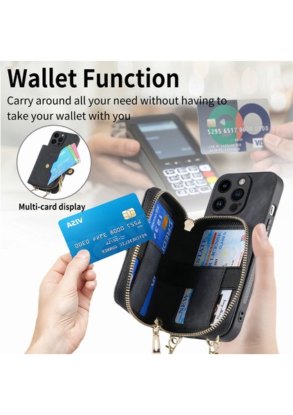 iPhone 14 Pro Fermuarlı Cebi Deri+Tpu+Pc Crossbody Telefon Kılıfı (Yurt Dışından)