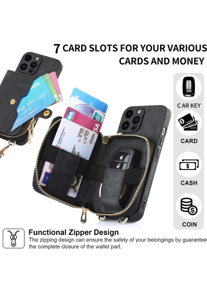 iPhone 14 Pro Fermuarlı Cebi Deri+Tpu+Pc Crossbody Telefon Kılıfı (Yurt Dışından)