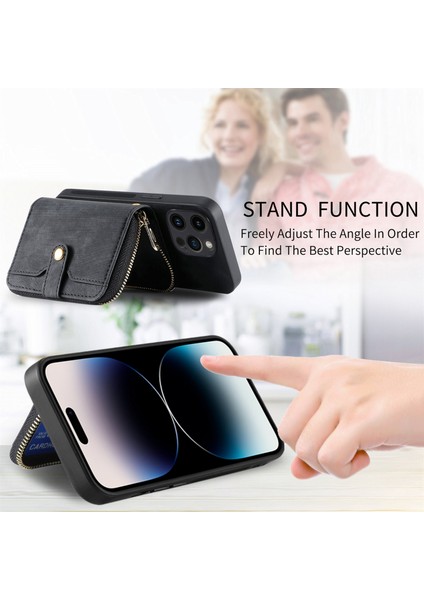 iPhone 14 Pro Fermuarlı Cebi Deri+Tpu+Pc Crossbody Telefon Kılıfı (Yurt Dışından)