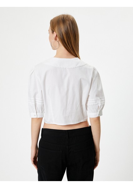 Balon Kol Bluz Bebe Yaka Düğmeli Kısa Kollu Nakışlı Slim Fit fırsatları